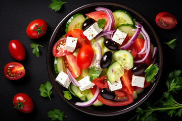 Portion of a greek salad, top view Generative AI