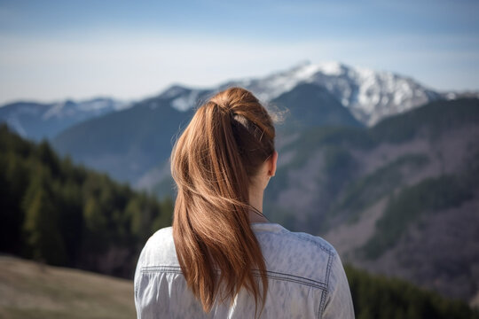 Young long haired woman admiring beautiful mountains, back view. Generative AI