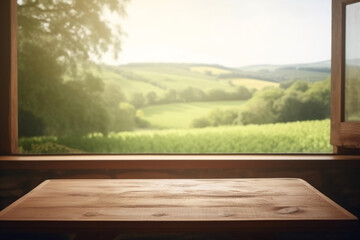  An empty rustic oak wood table in front of a green vineyard. Generative IA