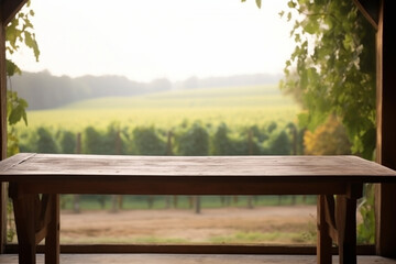  An empty rustic oak wood table in front of a green vineyard. Generative IA