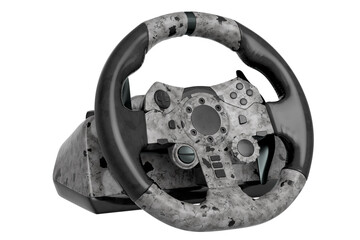 Realistic leather steering wheel with black marble texture on white background