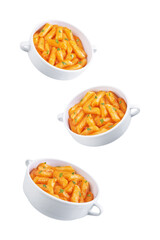Tteokbokki. Traditional korean rice sticks in hot spicy sauce on a white isolated background