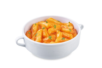 Tteokbokki. Traditional korean rice sticks in hot spicy sauce on a white isolated background