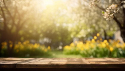 Naklejka na ściany i meble An empty wooden table in a springtime garden, with a blurred background. Generative IA
