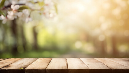 An empty wooden table in a springtime garden, with a blurred background. Generative IA