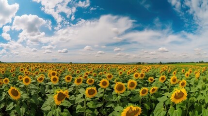 Obraz premium Panoramic field of sunflowers with blue sky on sunny day. Generative AI