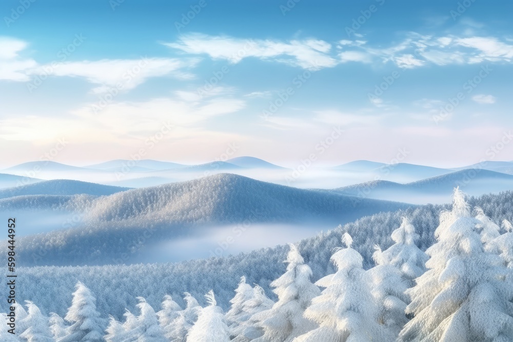 Wall mural snow-covered mountain range with trees in foreground. generative ai