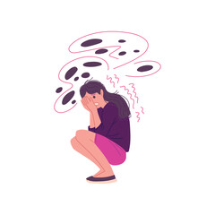 Woman or girl overcomes by fears and phobias, flat vector illustration isolated.