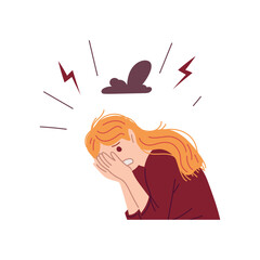 Panic young woman covers face with hands, dark cloud and lightning bolts over head