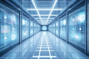 Fototapeta premium futuristic hallway with neon blue lights. Generative AI