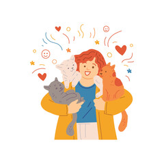 Cheerful woman holding three cats, cartoon flat vector illustration isolated on white background.