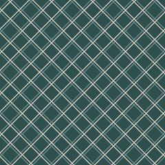 Fototapeta na wymiar Square grid vector seamless pattern. Abstract linear geometric texture with thin diagonal crossing lines, rhombuses, mesh, lattice, grill. Simple retro style background. Dark green, teal, beige color