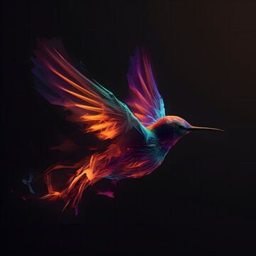 Colored abstract bird of paradise on a black background. Image created with Generative AI technology.
