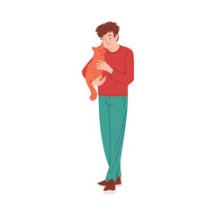 Portrait of pet owner holding cat flat vector illustration isolated on white.