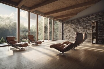 Fototapeta premium cozy living room with rustic stone wall and comfortable furniture. Generative AI