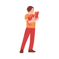 Happy pet owner holding cat and smiling, flat vector illustration isolated.