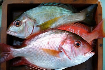 two fish perched on a rustic wooden crate. Generative AI
