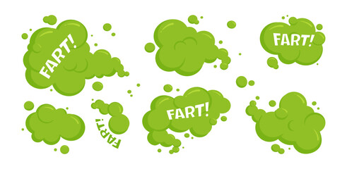Fototapeta premium Fart cloud icon, bad smell smoke set, dirty odor, green toxic gas, cartoon stink odour isolated on white background. Aroma vector illustration