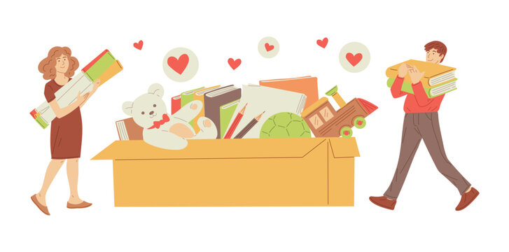 Smiling man and woman put toys and books in huge box flat style