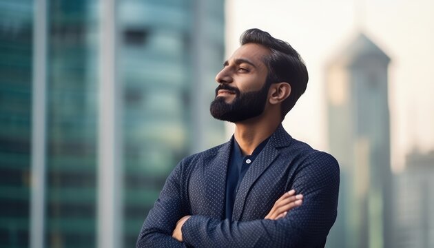 Fototapeta Happy wealthy rich successful business man standing in big city modern skyscrapers street on sunset thinking of successful future vision, dreaming of new investment opportunities. Generative AI