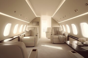 inside of a modern private jet with beige interior