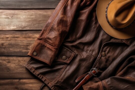 brown leather jacket and hat on a wooden background. Generative AI