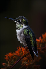 Fototapeta na wymiar bird in flight, mountain tropical forest, natural habitat. Cute bird. beautiful hummingbird sucking nectar. colouful background. AI generated