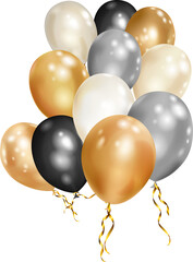 Illustration with white, black and gold helium flying balloons