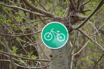 Oznaczenie trasy dla rowerów zawieszone na drzewie