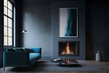 Stylish modern living room interior mockup with blue sofa and fireplace, Generative AI