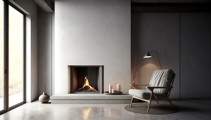 Modern living room interior with modern fireplace, armchair and gray concrete wall. Interior mockup, Generative AI