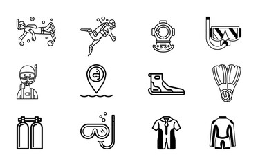 Scuba diving icon set. Included the icons as underwater, scuba diver, mask, fins, regulator, wetsuit and more.