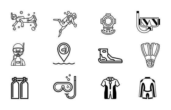 Scuba diving icon set. Included the icons as underwater, scuba diver, mask, fins, regulator, wetsuit and more.