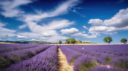 Stunning landscape with lavender field on sunny day. Generative AI