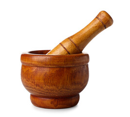 Wooden mortar and pestle isolated on white background