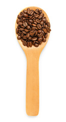 Wooden spoon with coffee beans isolated on white background