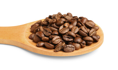 Wooden spoon with coffee beans isolated on white background