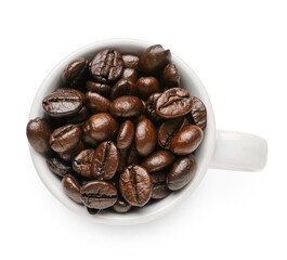 Cup with aromatic coffee beans on white background