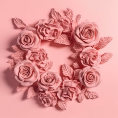 bouquet of pink clay roses on a pink background in the shape of a wreath