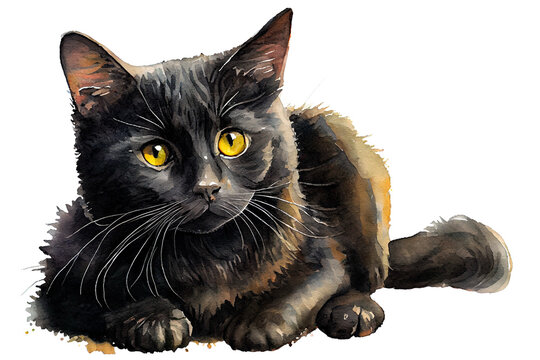 Cute black kitten with yellow eyes. Watercolor realistic illustration on a white background. Pet animals images. Generative AI.