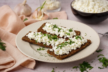 Plate with tasty cottage cheese and rye bread on light grunge background