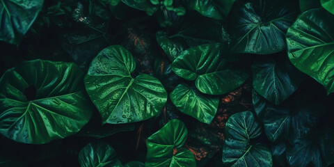 closeup nature view of green leaf and palms background. Flat lay, dark nature concept, tropical leaf. Generative AI