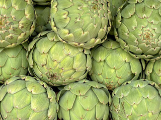 Fototapeta premium Staked of raw Artichoke in market stall with selective focus, Fresh vegetable in wicker basket, The globe french artichoke is a variety of a species of thistle cultivated as a food.