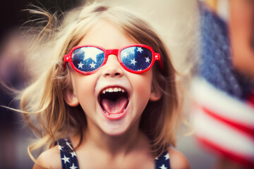 Happy child with sunglasses celebrating the 4th of July, Independence Day, Memorial Day. Generative AI