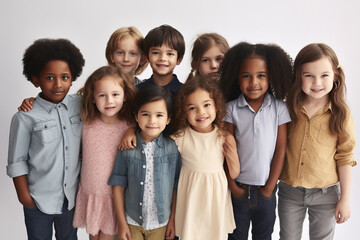 a group of children in a row next to each other, group photo front view. Generative AI