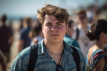 Fototapeta premium young man or teenager on the beach in a bad mood, introvert or shy or body shaming. Generative AI