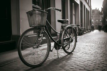 Fototapeta na wymiar OLD BICYCLE WITH BASKET. ILLUSTRATION AI. HORIZONTAL.