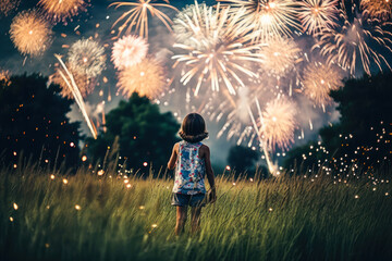 Happy child looking at fireworks celebrating the 4th of July, Independence Day, Memorial Day. Generative AI - obrazy, fototapety, plakaty