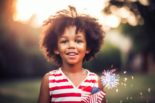 Happy child with sparkler celebrating the 4th of July, Independence Day, Memorial Day. Generative AI