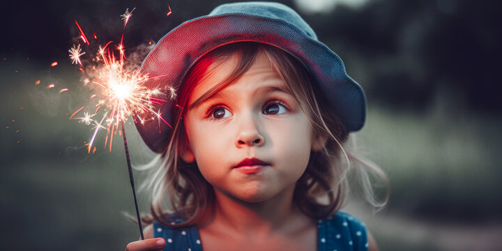 Child with sparkler celebrating the 4th of July, Independence Day, Memorial Day. Generative AI